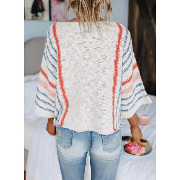 Women's 2024 Fall Casual Block Striped Comfy Cable Knit Trendy Pullover Sweaters - Picture 2 of 6